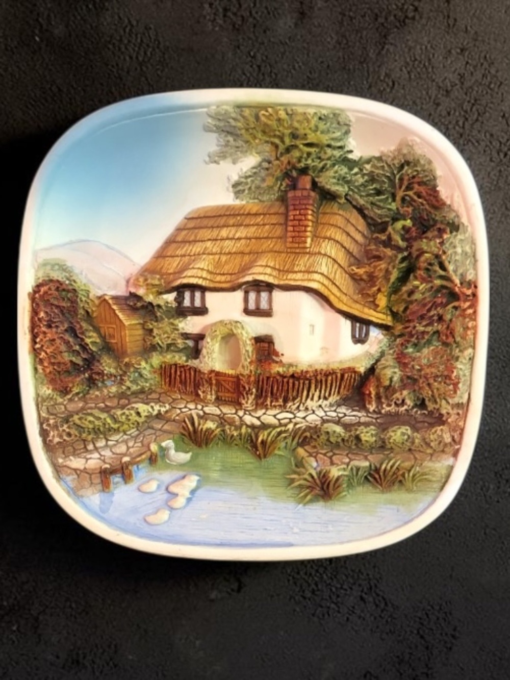 Vintage 3D Chalkware English Cottage Plaque